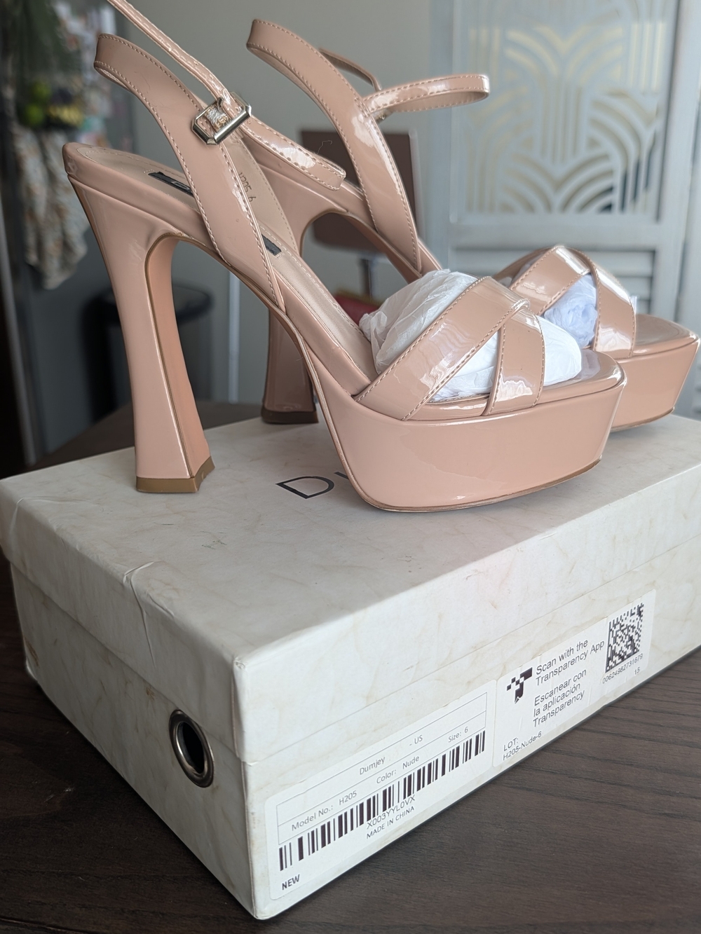 Platform Patent Leather Slingback Heels in Nude